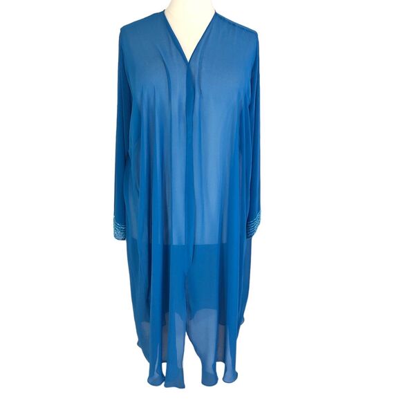 Sheer Chiffon Duster Open Jacket Blouse Sequin Trim Long Sleeves Sz 3X Teal Blue - Picture 1 of 15